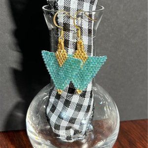 Triangle Miyuki Emerald and Gold Seed Bead Earrings
